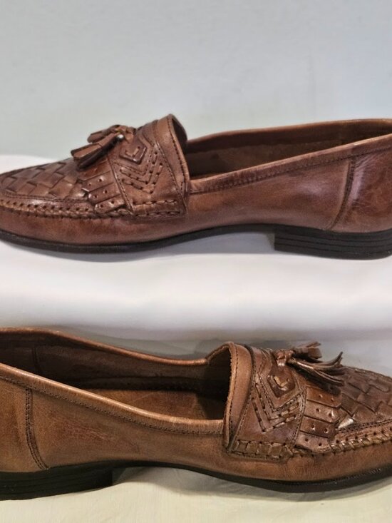 Martin Drake Men\'s Brown Leather Slip on Loafers Weave Tassel Shoes Brazil Sz 9M main image 4